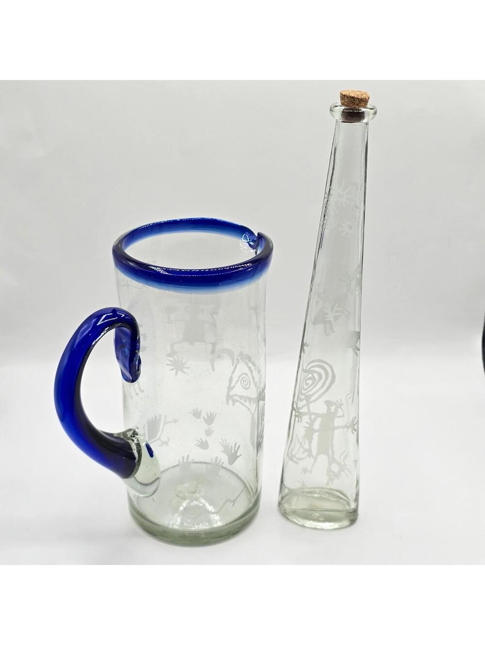 Handcrafted Mexican Etched Glass Pitcher Set